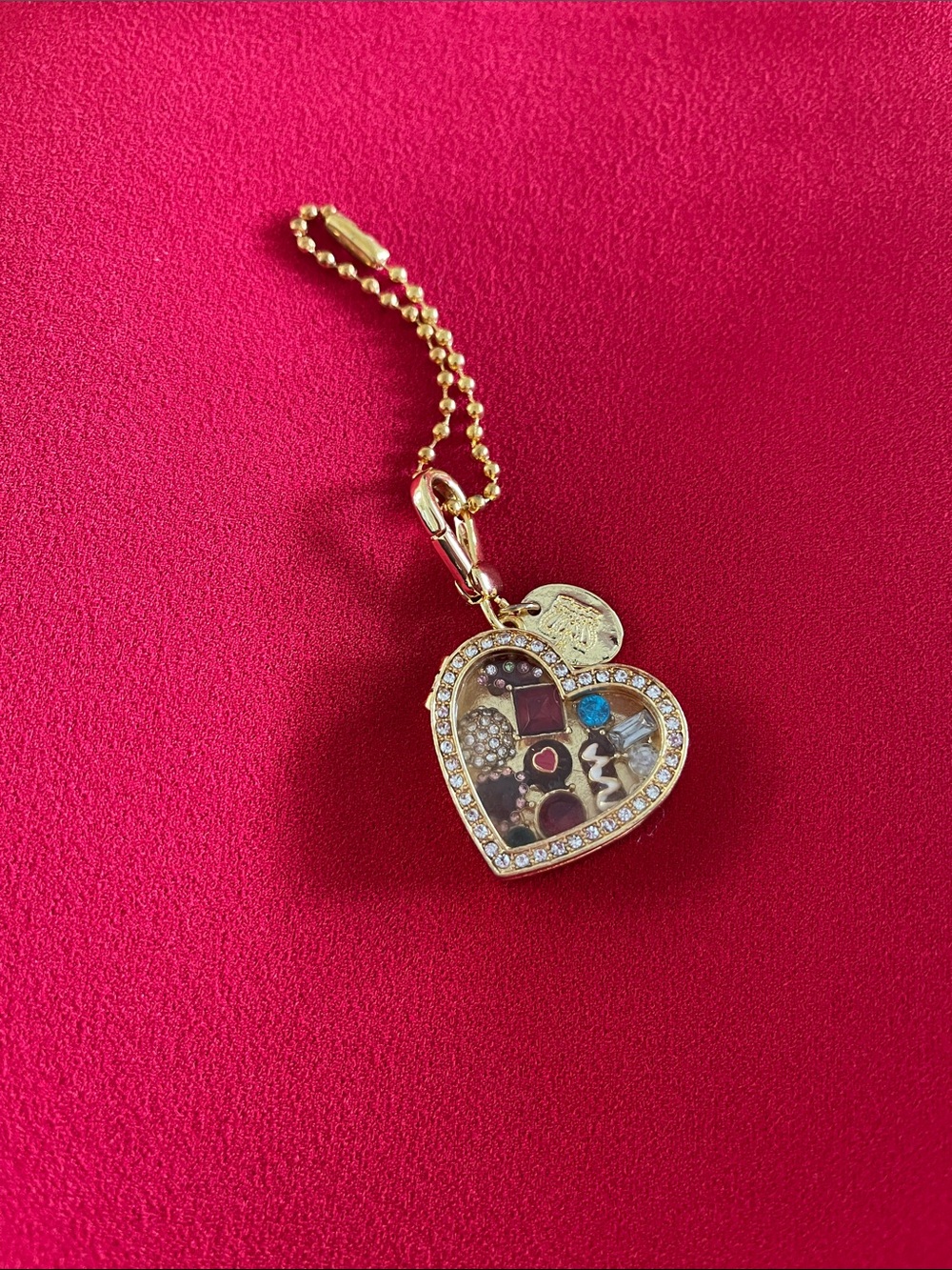 Gold Heart Locket Charm Keychain with Crystal Border